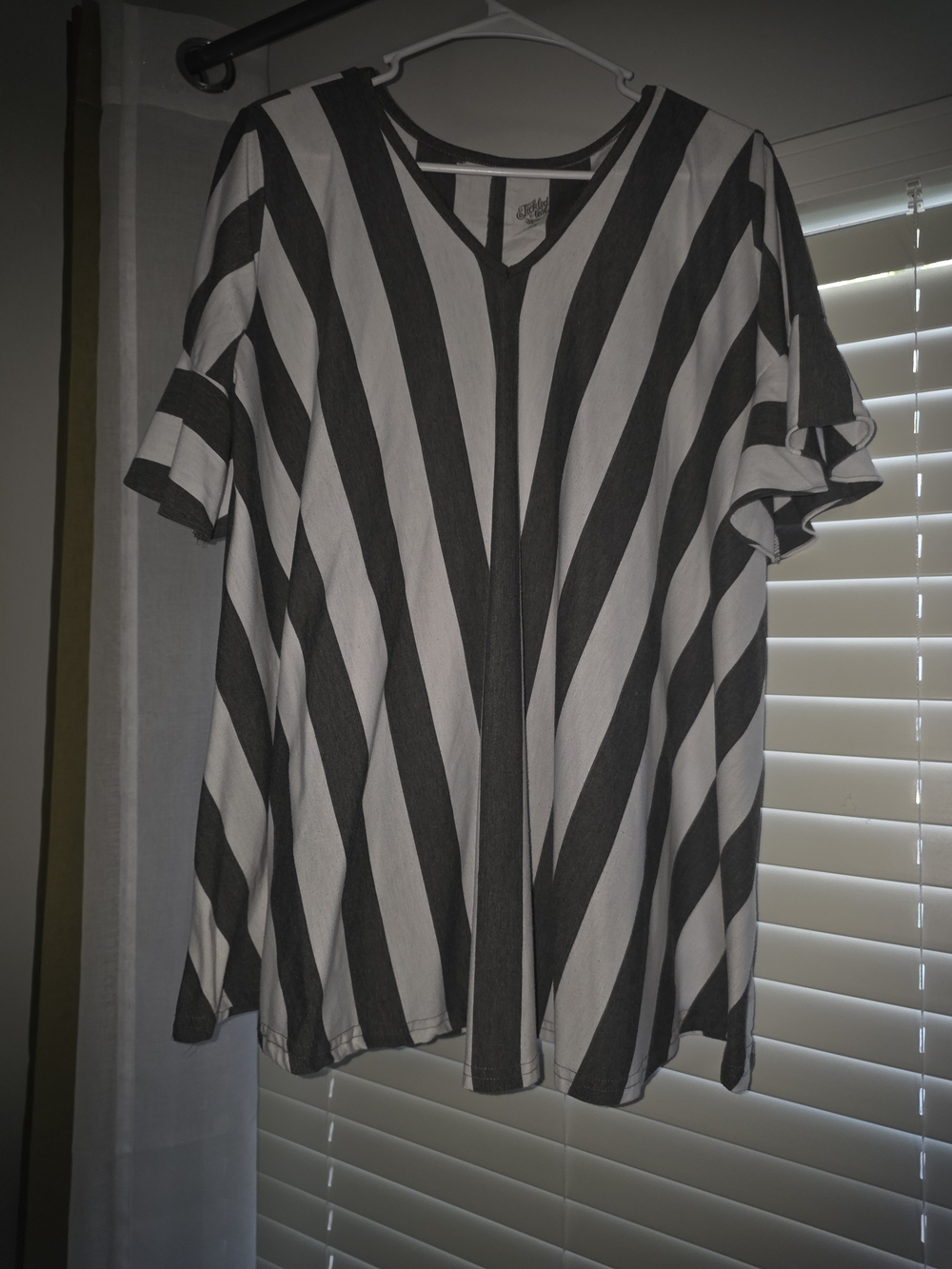 Tickled Teal Black & White Striped V-Neck Tunic